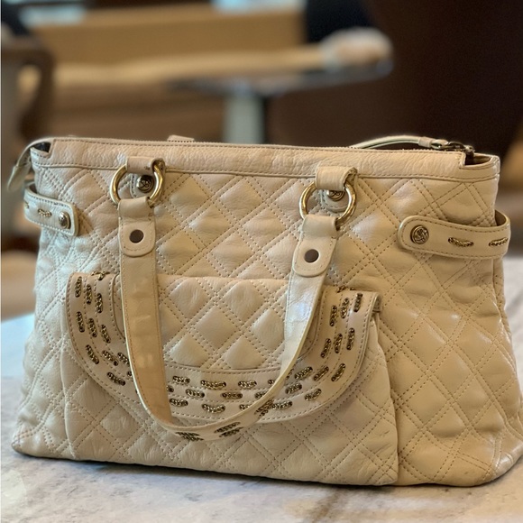 Kate Landry Leather Shoulder/Satchel Cream/Tan Purse Handbag Chain Accents - Picture 6 of 12